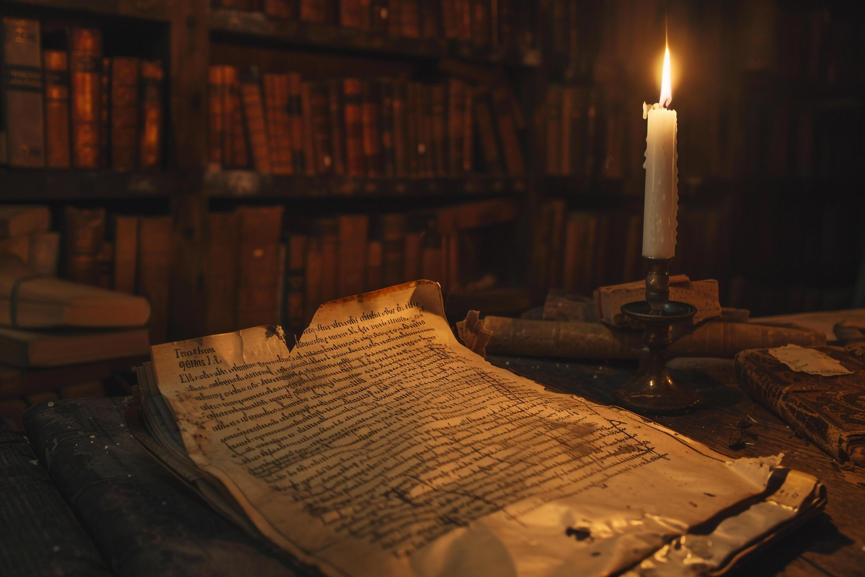 Flickering candlelight on old manuscripts in a dusty library