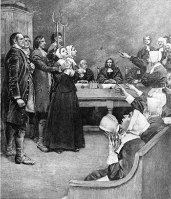 Historical engraving of a witch trial examination