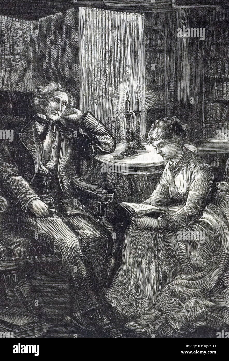Victorian engraving of reading by candlelight, 19th century