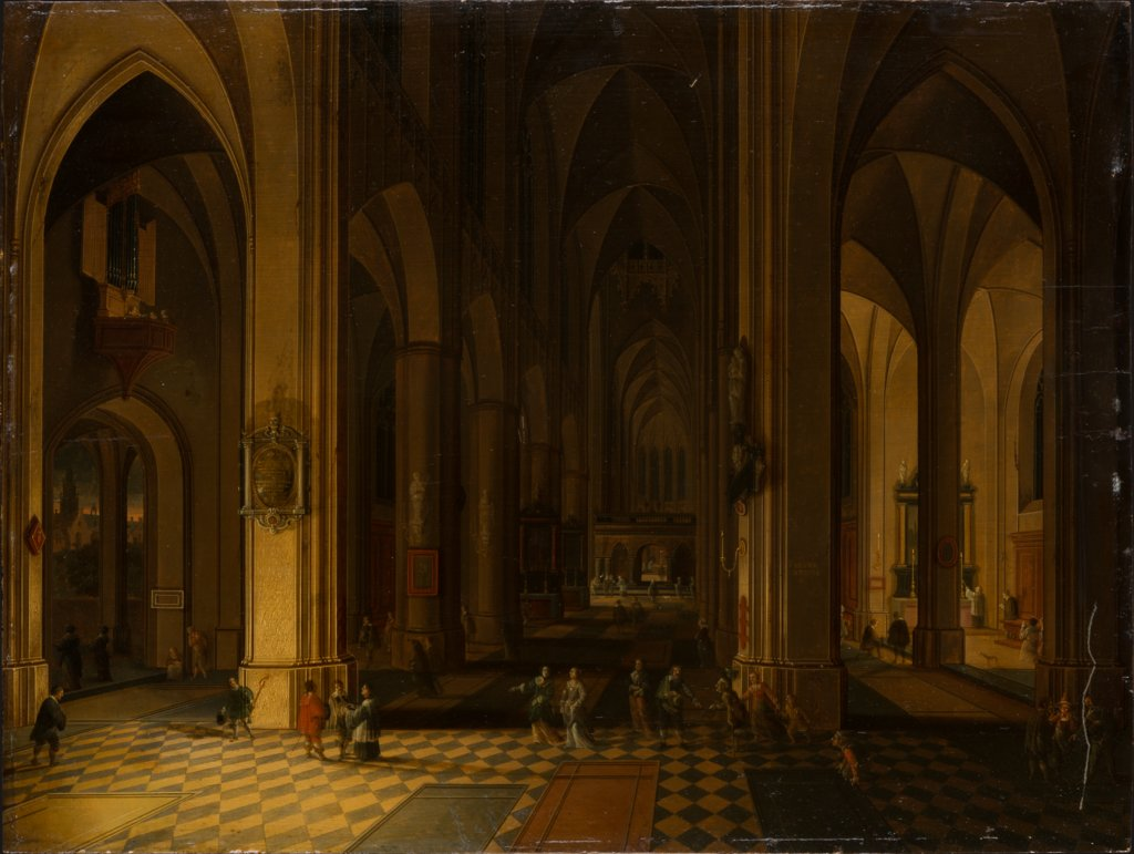 Interior of a Gothic church by candlelight, after Pieter Neefs