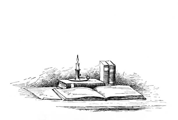 Etching of books and candlelight